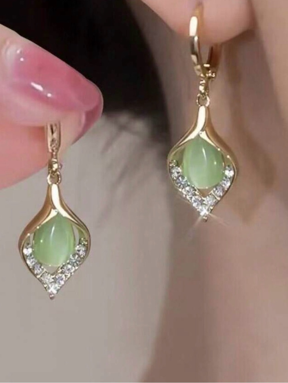 Gold Green Teardrop Crystal Drop Earrings
